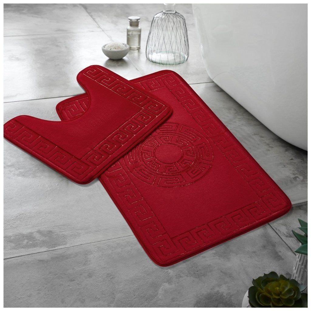 GREEK BATH MAT SET 2 PIECE EMBOSSED MEMORY FOAM NON SLIP PEDESTAL TOILET RUGS