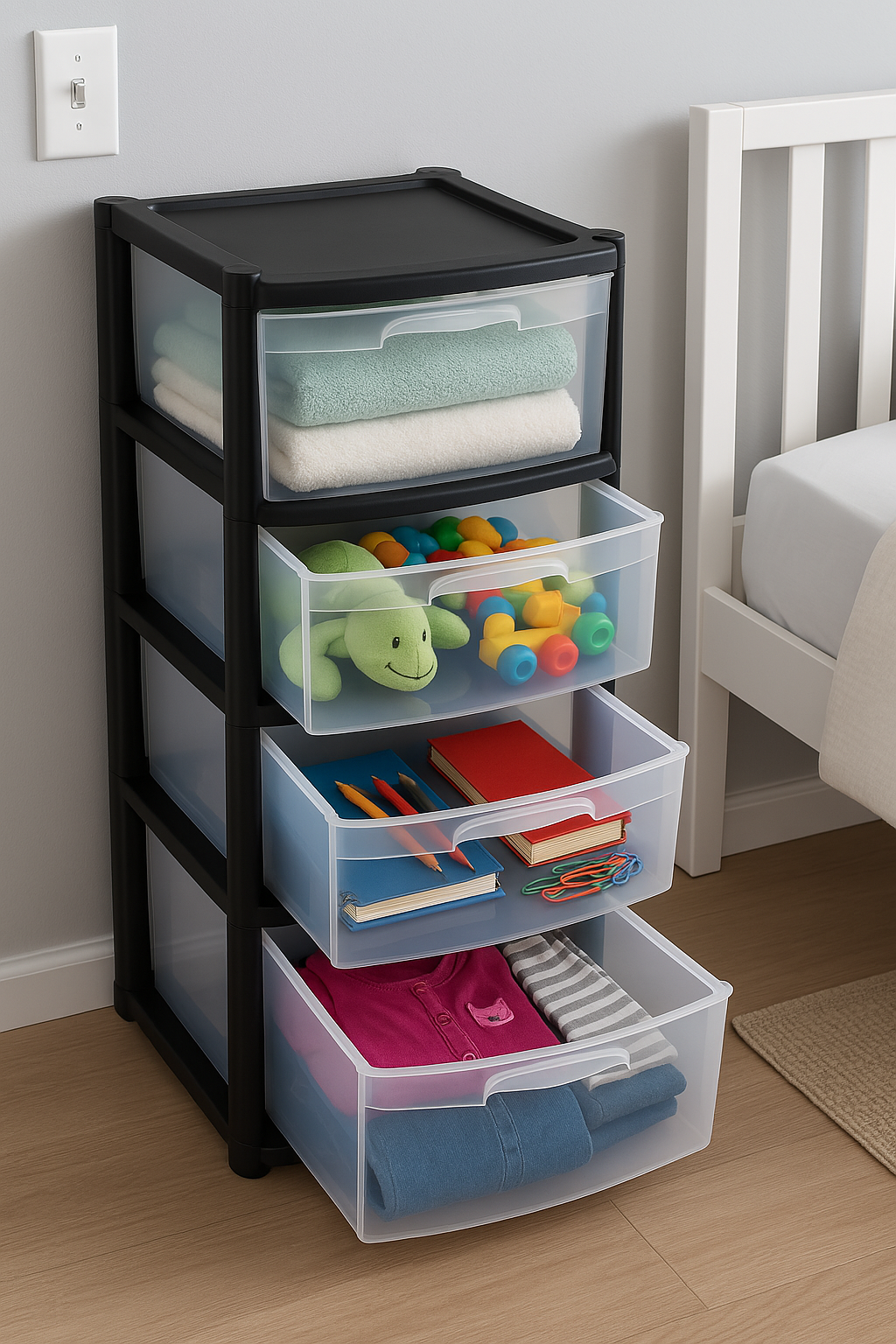 4 Drawers Plastic Storage Tower Unit Organizer Home Office School Desktop Clear Storage Chest for Clothes Toys Art Supplies Stationary Shoes