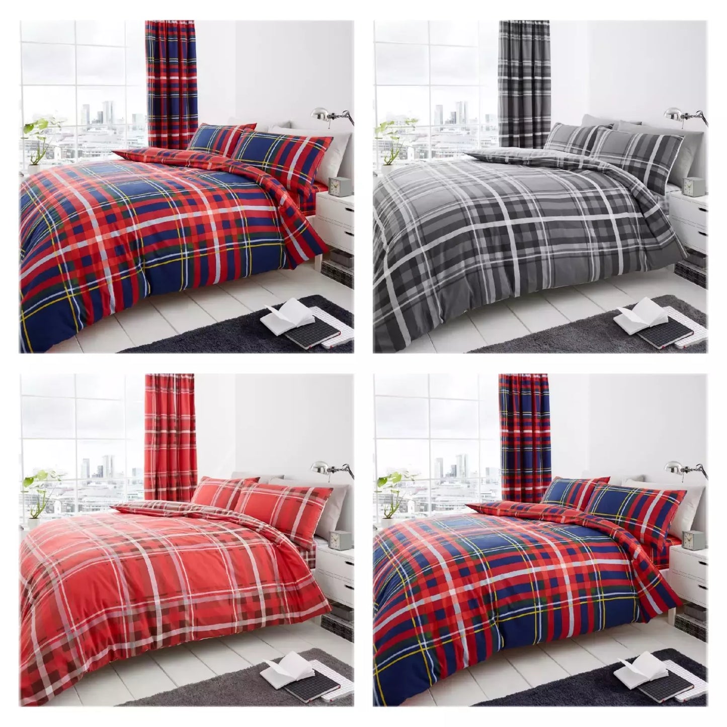 Newton Tartan Check Duvet Quilt Cover & Pillow Case Bedding Set Grey Navy Red