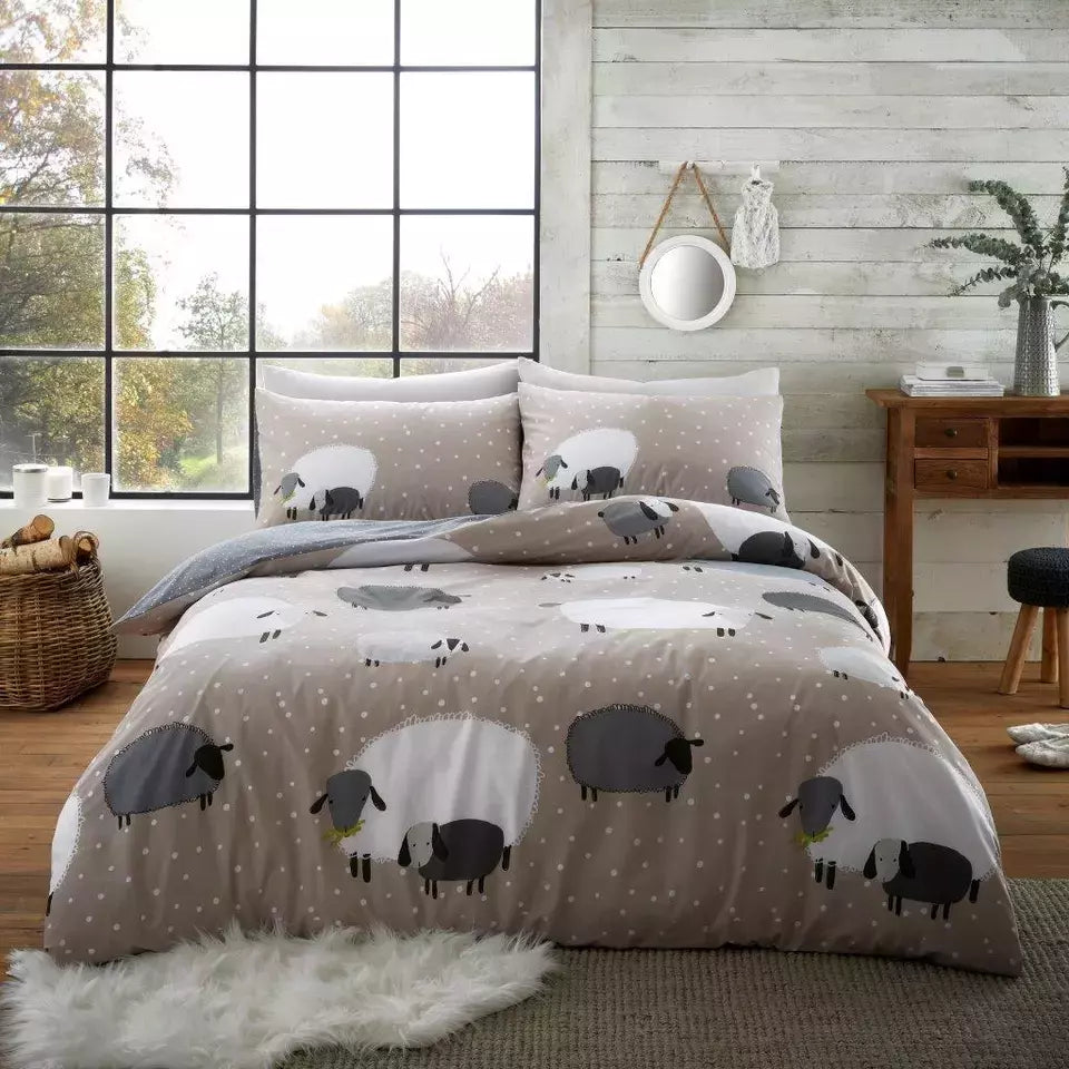 Sheep Animal Duvet Quilt Cover & Pillow Case Bedding Set Grey Natural