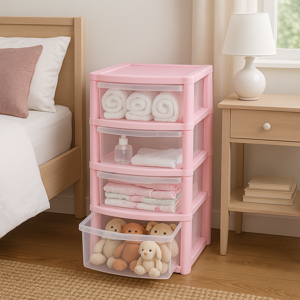 4 Drawers Plastic Storage Tower Unit Organizer Home Office School Desktop Clear Storage Chest for Clothes Toys Art Supplies Stationary Shoes