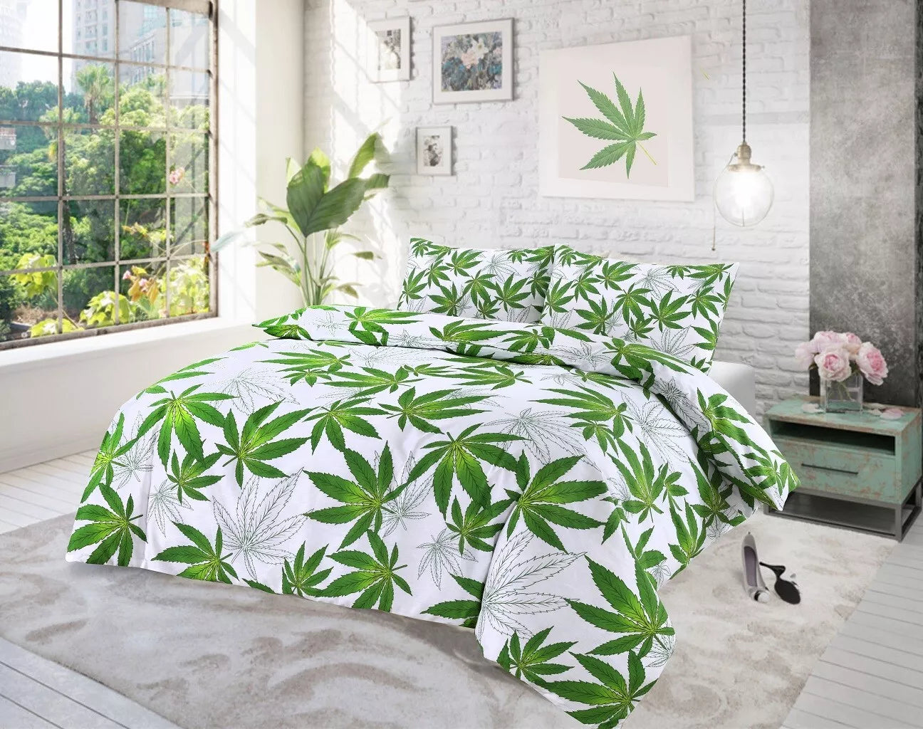 Cannabis Marijuana Leaf Weed Green Print Duvet Cover and Pillowcase Bedding Set