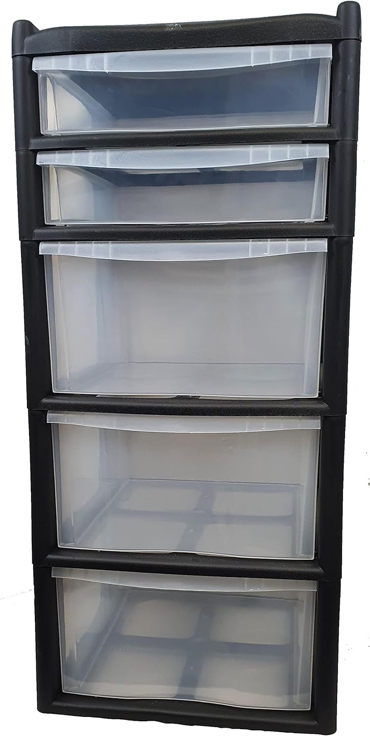 EXTRA LARGE DRAWER STORGE BLACK Plastic 5 Drawer Unit 2 Shallow with 3 Deep Drawers Chest Drawer School Office Home Storage