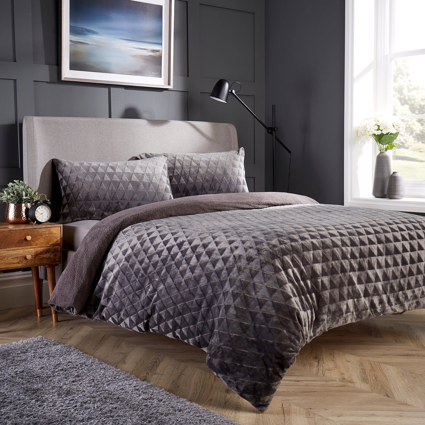 Reversible Teddy Fleece Duvet Cover - Super Soft Diamond Geo Duvet Cover Set with Pillow Cases