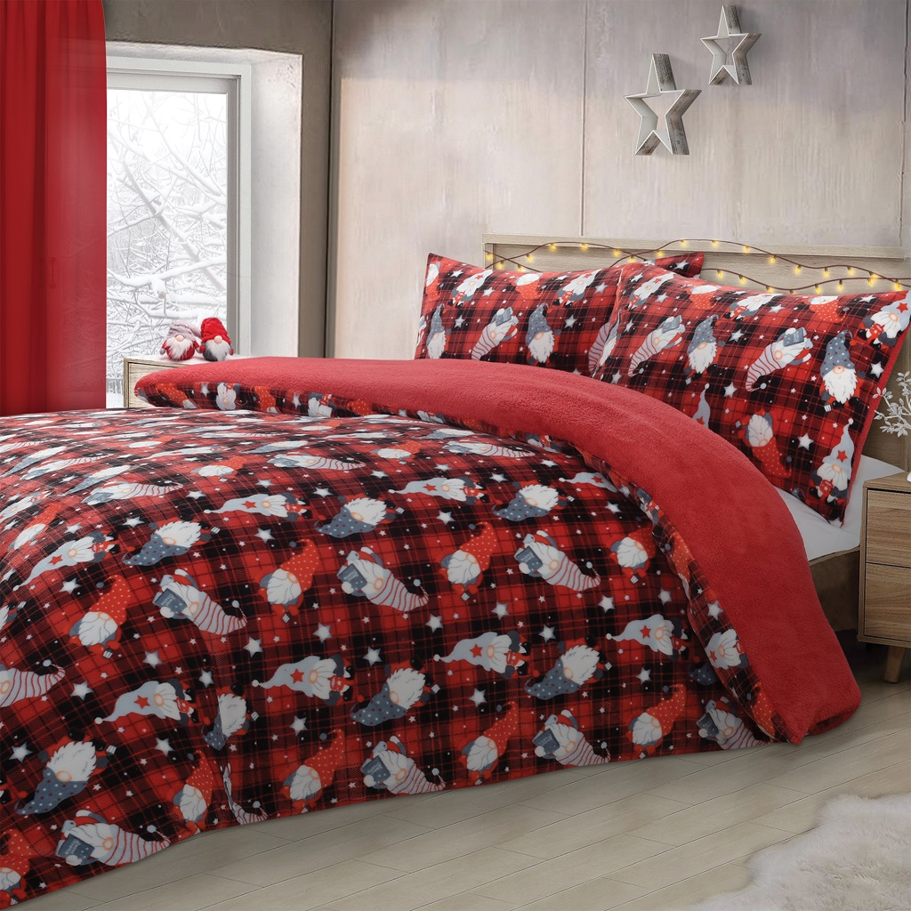 Gonk Tartan Check Teddy Sherpa Fleece Super Soft Warm Cosy Kids and Adults Duvet Cover Sets Xmas Festive Season Quilt Covers Bedding Sets