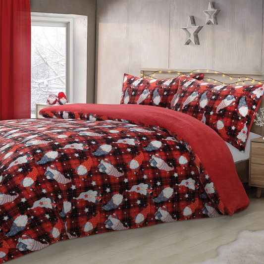 Gonk Tartan Check Teddy Sherpa Fleece Super Soft Warm Cosy Kids and Adults Duvet Cover Sets Xmas Festive Season Quilt Covers Bedding Sets
