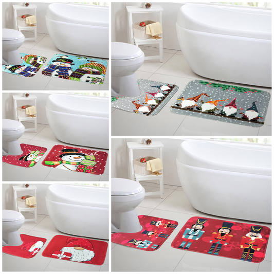 New Christmas Festive Pattern Memory Foam 2 Pieces Bath Mat and Pedestal Mat Set Anti Slip Extra Absorbent Super Soft Regular Size