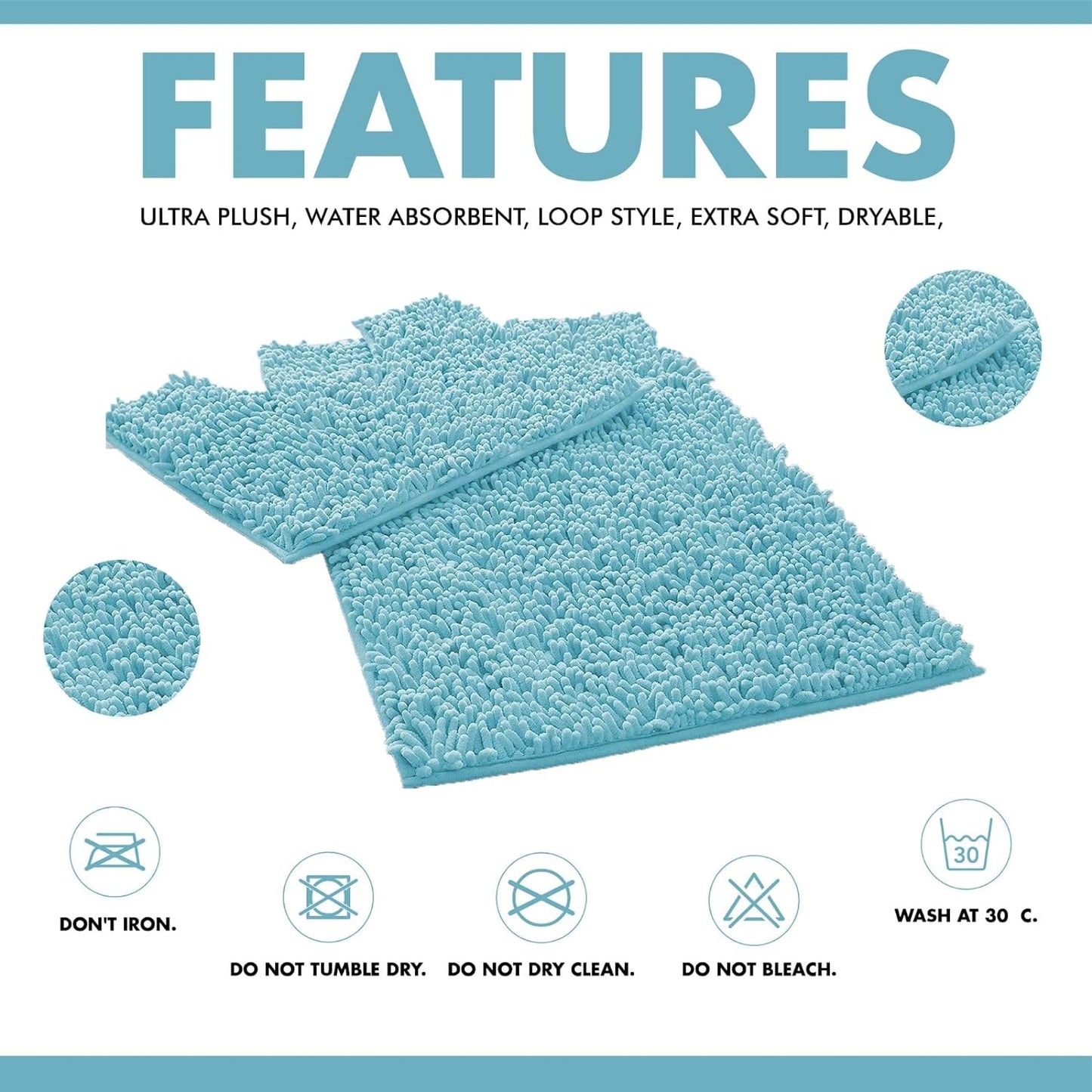 2 Piece Loop Bath Mats for Bathroom - Non Slip Chenille Bath Mat Set Rugs, Extra Soft with Water Absorbent Pedestal Bathmat Shower Toilet Mat