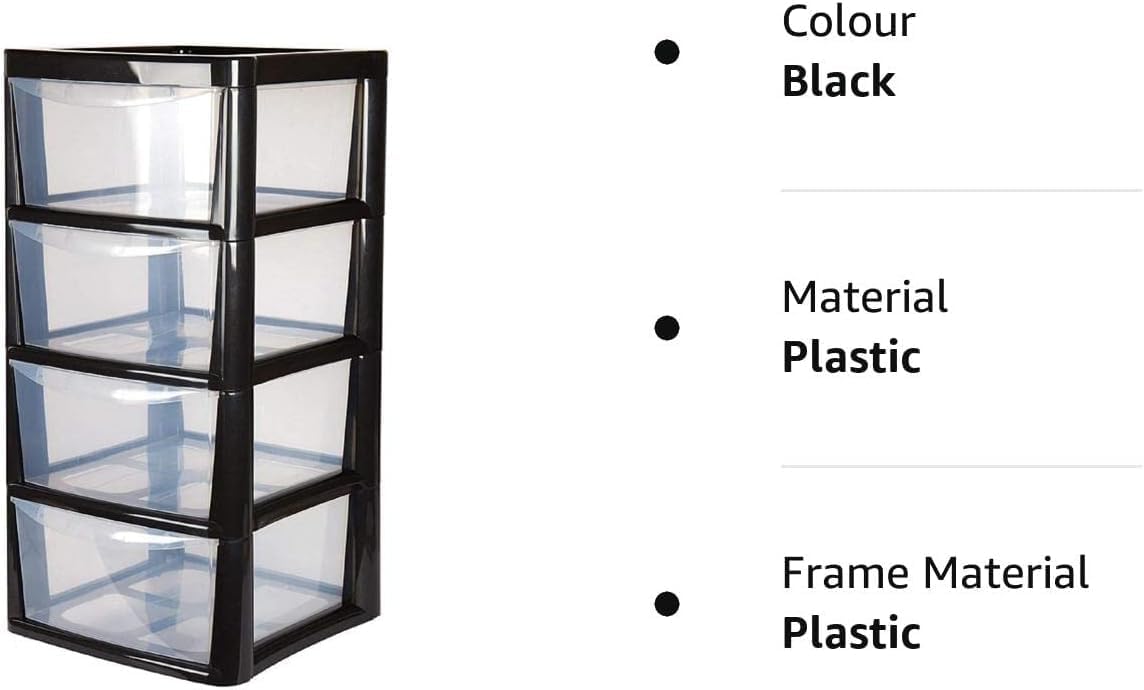 4 Drawers Plastic Storage Tower Unit Organizer Home Office School Desktop Clear Storage Chest for Clothes Toys Art Supplies Stationary Shoes