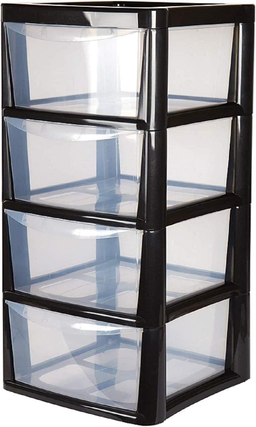 4 Drawers Plastic Storage Tower Unit Organizer Home Office School Desktop Clear Storage Chest for Clothes Toys Art Supplies Stationary Shoes
