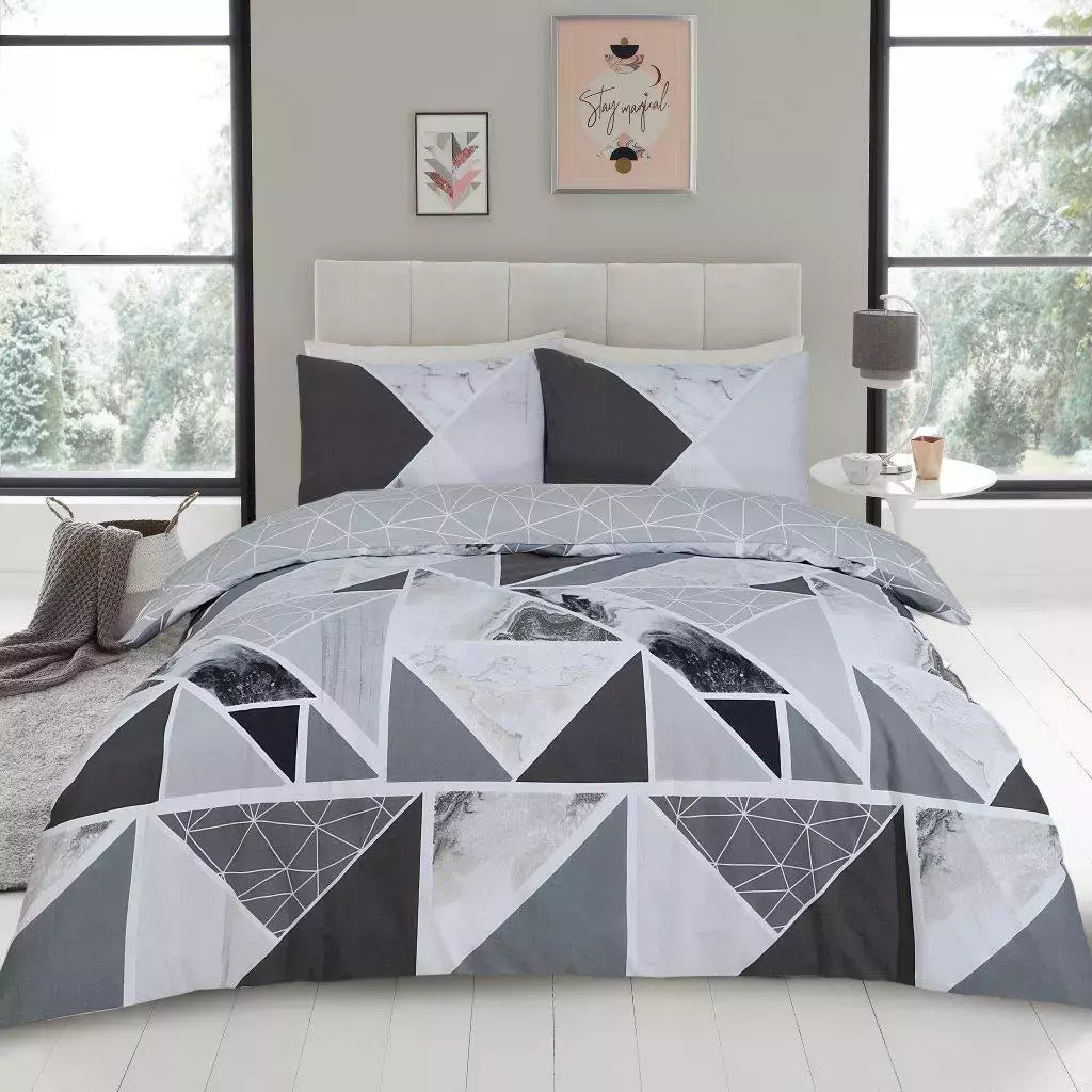 Mila Triangles Marble Stripes Duvet Quilt Cover & Pillow Case Bedding Set Pink