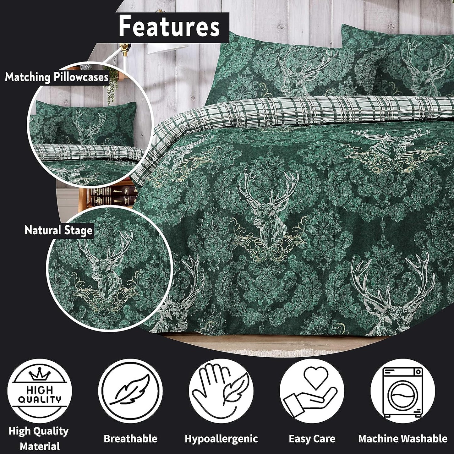 Highland Stag Reversible Duvet Cover Quilt Bedding 3 Pcs Set With Matching Pillowcase Polycotton