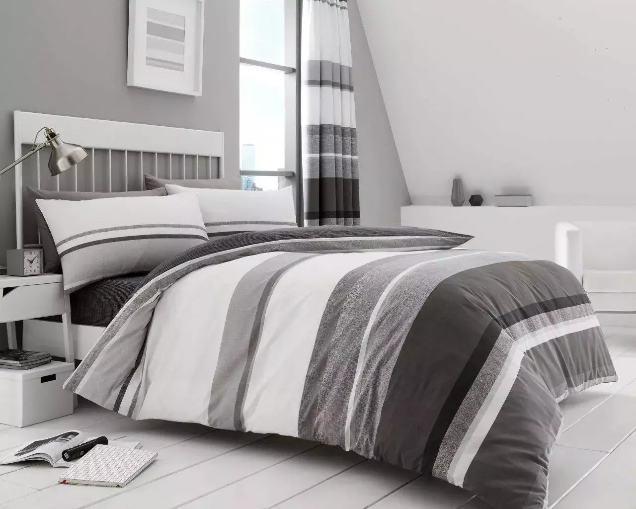 Hudson Stripe Duvet Quilt Cover & Pillow Case Bedding Set Grey Natural Teal