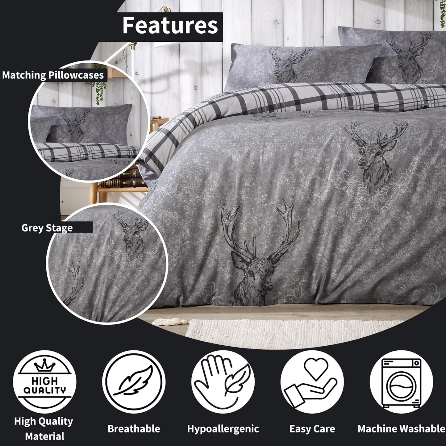 Highland Stag Reversible Duvet Cover Quilt Bedding 3 Pcs Set With Matching Pillowcase Polycotton