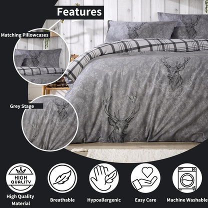 Highland Stag Reversible Duvet Cover Quilt Bedding 3 Pcs Set With Matching Pillowcase Polycotton