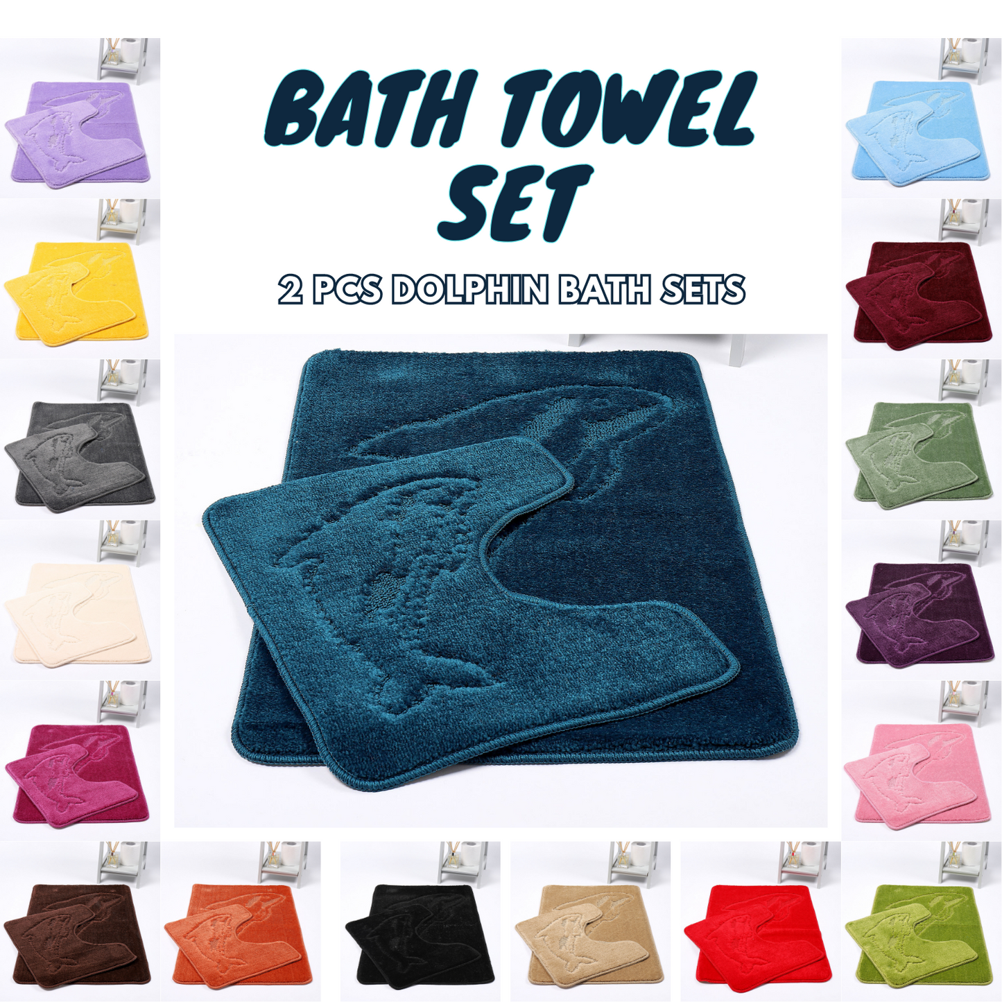 Dolphin Bath Mat Set 2 Piece Non Slip Water Absorbent Pedestal and Bath Mat Set Toilet Bathroom Rug