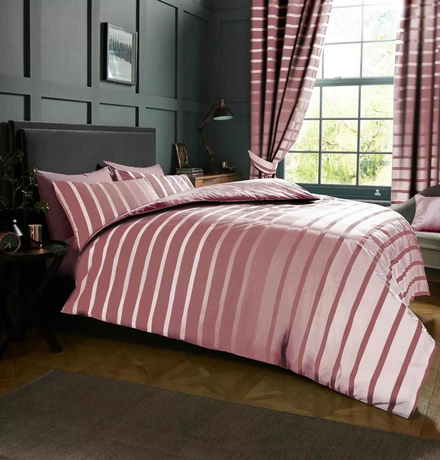 Oscar Stripe Duvet Quilt Cover & Pillow Case Bedding Set Grey Purple Teal