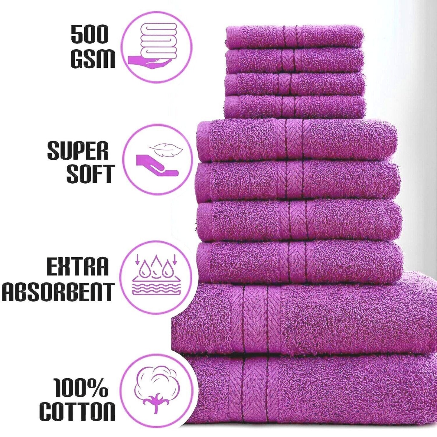 10-Piece Bale Set Bathroom Towels  4x Hand, 4x face Cloths, 2x Bath Towels 100% Cotton Quick Dry Soft Absorbent