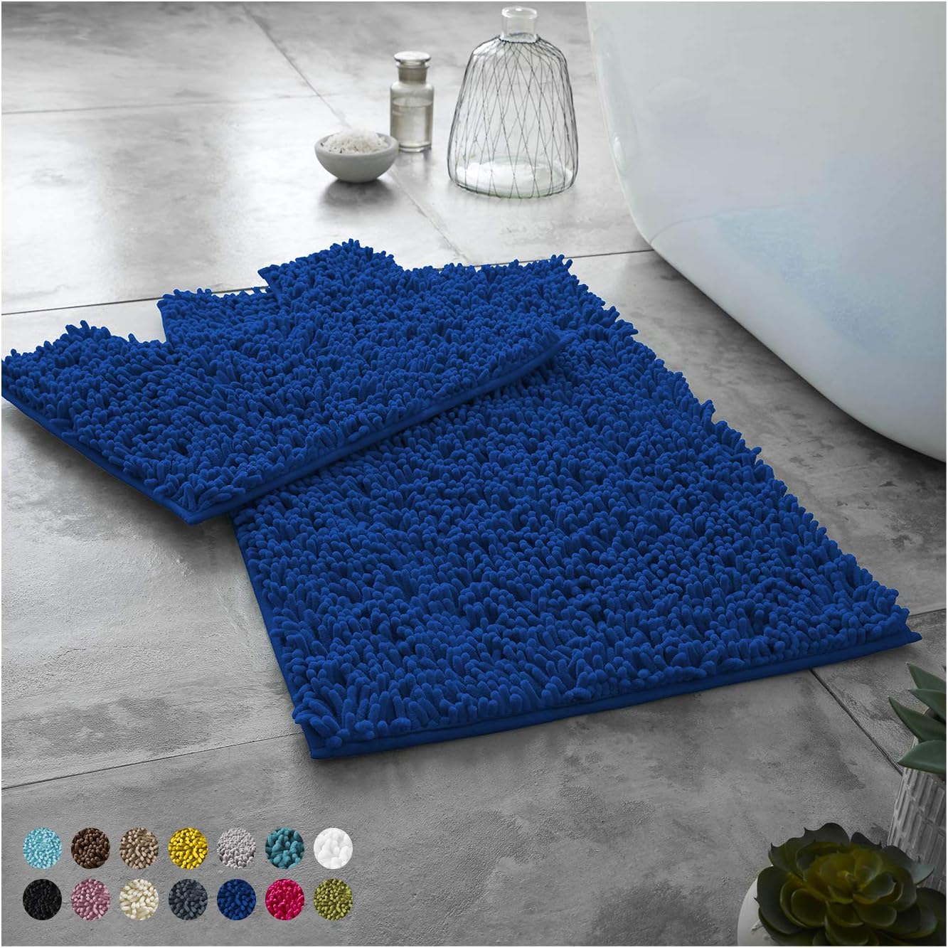 2 Piece Loop Bath Mats for Bathroom - Non Slip Chenille Bath Mat Set Rugs, Extra Soft with Water Absorbent Pedestal Bathmat Shower Toilet Mat