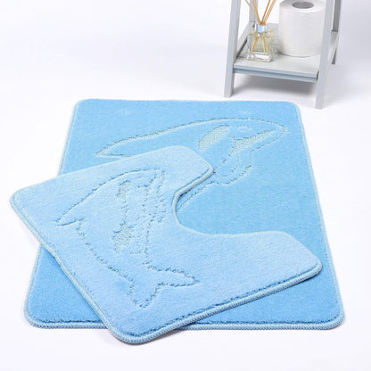 Dolphin Bath Mat Set 2 Piece Non Slip Water Absorbent Pedestal and Bath Mat Set Toilet Bathroom Rug